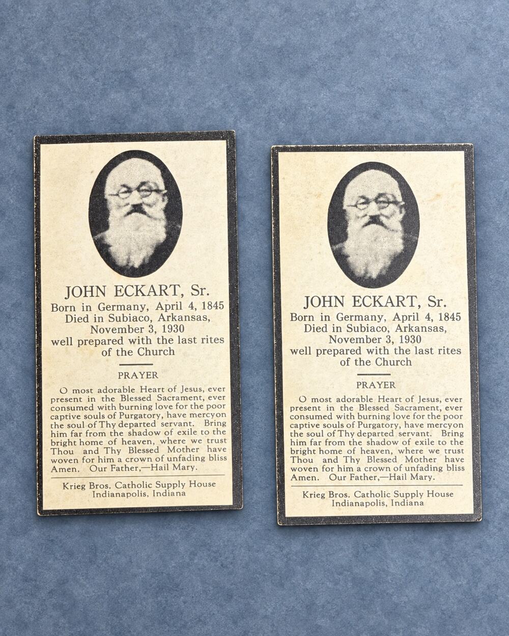 1930 John Eckart Sr Subiaco Arkansas Catholic Memorial Cards Boumard Fils